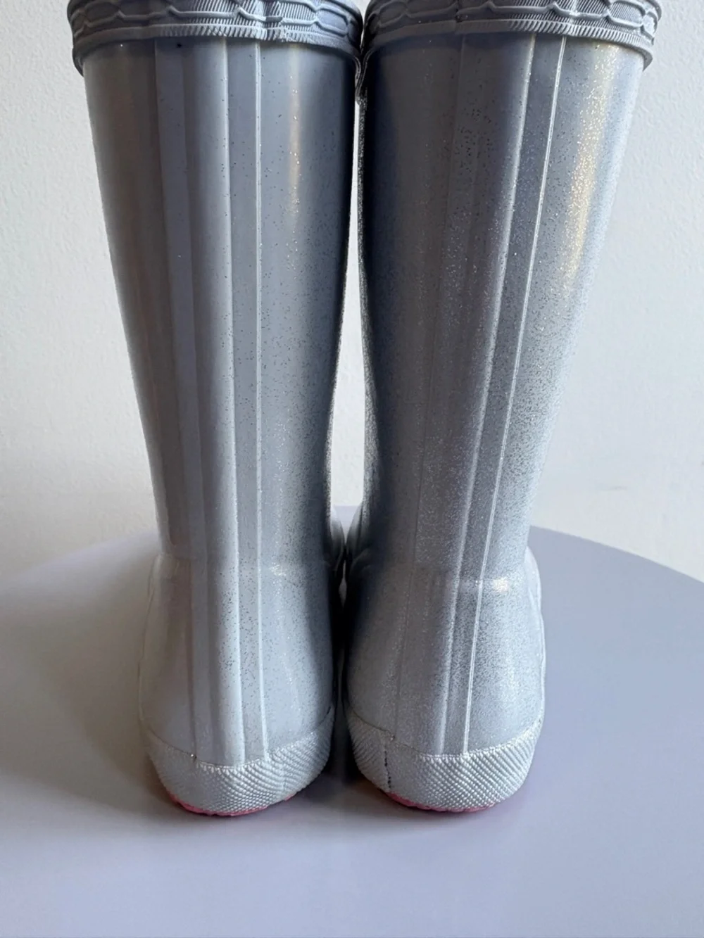 Hunter Rain Boots, Sparkly Silver w Pink Soles. Size 13. Like New